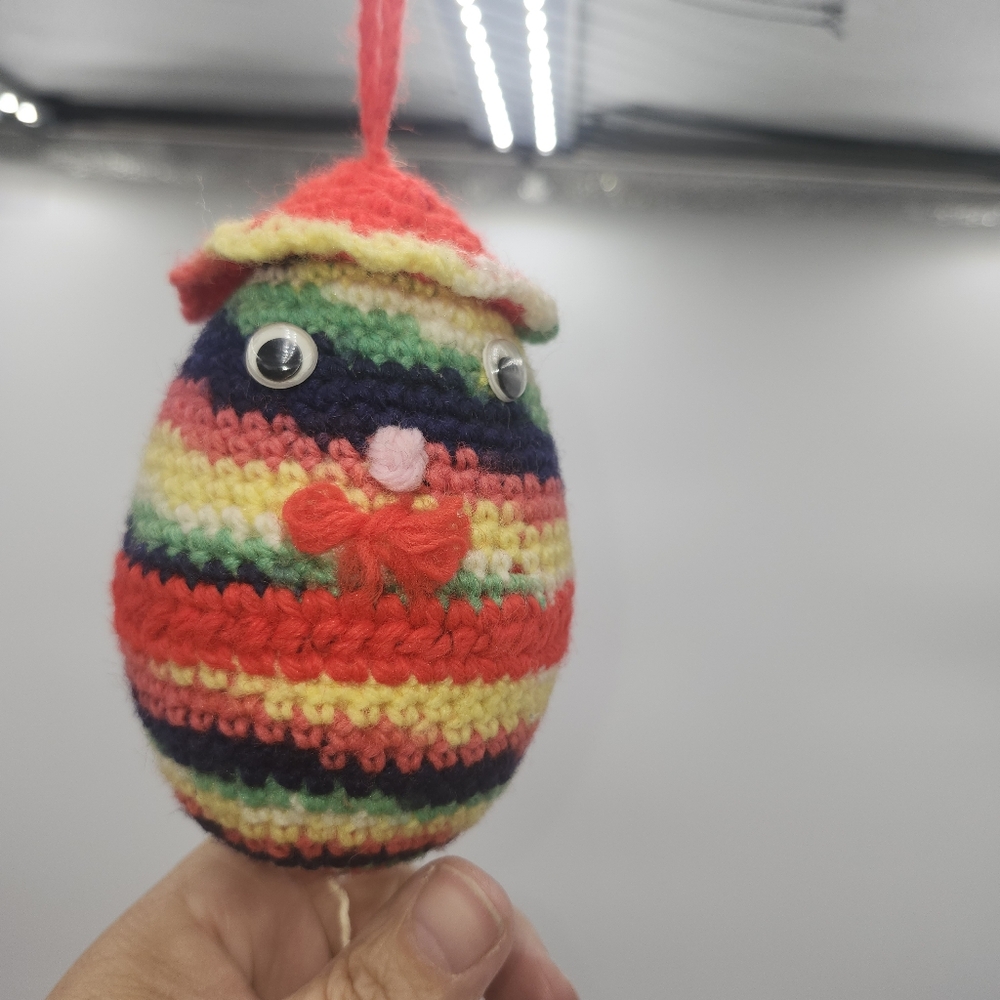 Rainbow vintage Crochet string Ribbon holder face googly eyes handmade Egg